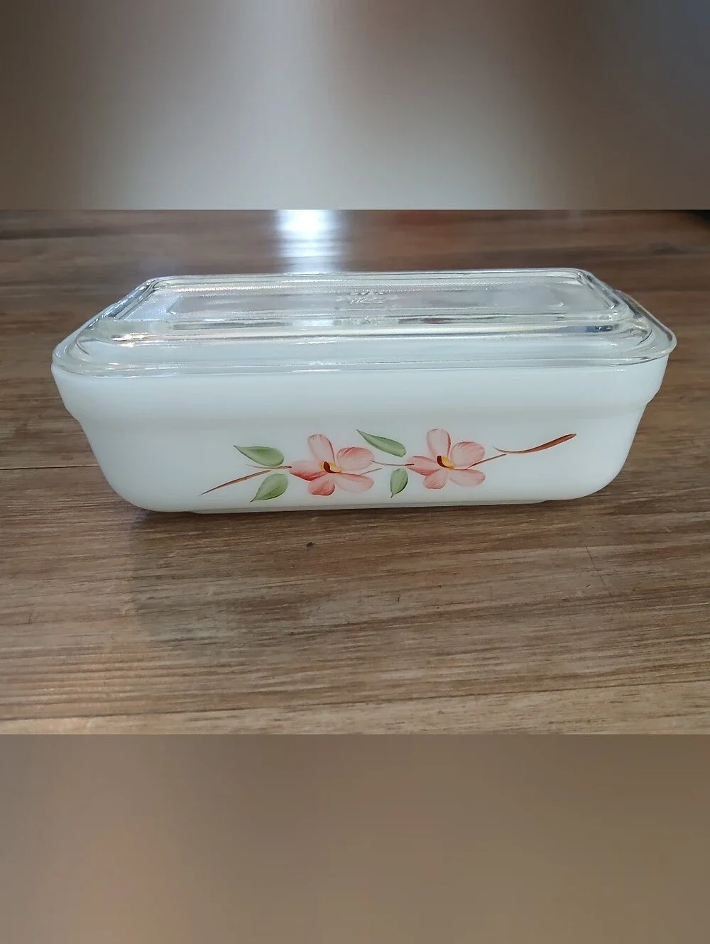 Glass Floral Baking Dish with Lid - Hand Painted Pink flowers & Green Leaves